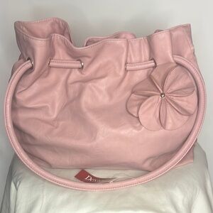 Dexter Blush Pink Leather Bucket Shoulder Bag Purse w/ Flower Embellishment